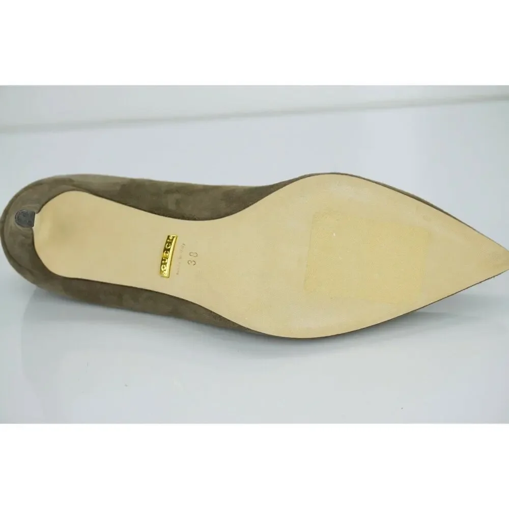 Gucci Brooke Classic Taupe Distressed Suede Pointed Toe Pump SZ 38 New
